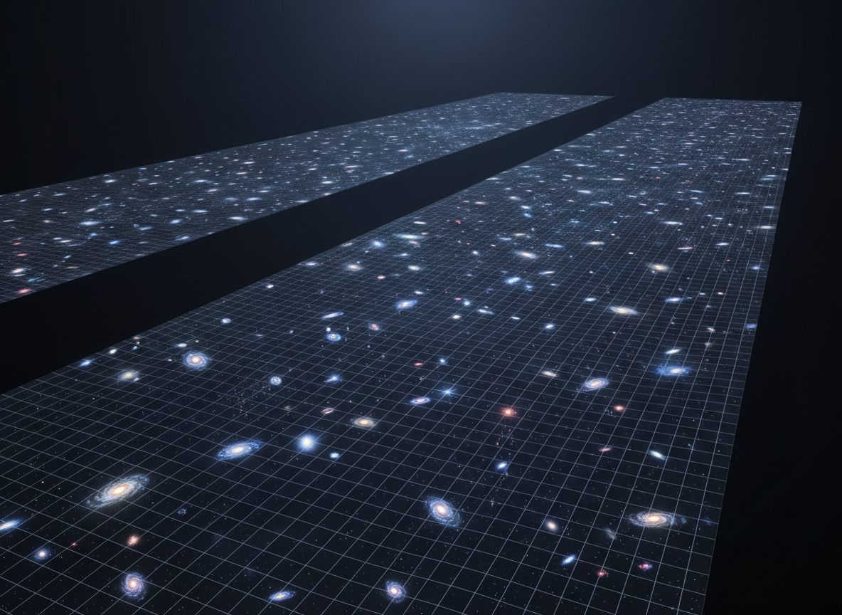 A vast, high-resolution visualization of a brane-world universe: two immense, translucent membranes stretch parallel through a dark extra-dimensional void, their surfaces shimmering with faint gridlines of spacetime curvature. Tiny, photorealistic spiral galaxies and nebulae lie embedded like glowing motes on the nearer brane, while the distant brane appears blurred and ghostly. Subtle blue and violet ambient light emerges from the membranes, casting soft reflections into the surrounding darkness. The mood is contemplative and scientific, with a clean, professional aesthetic. Captured from a wide, cinematic angle with strong depth, the membranes recede into infinity. The composition follows the rule of thirds, emphasizing the layered structure of reality while keeping the scene uncluttered and visually precise.